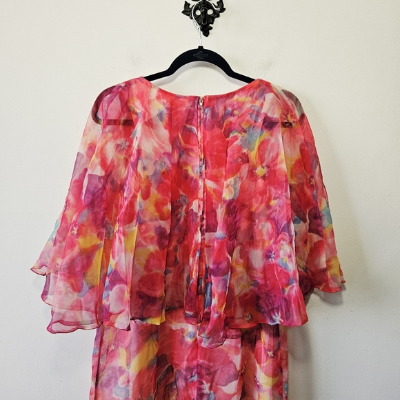 Vintage 70s Diamond Tea Gown Flutter Sleeve Night Dress Floral - Picture 5 of 8